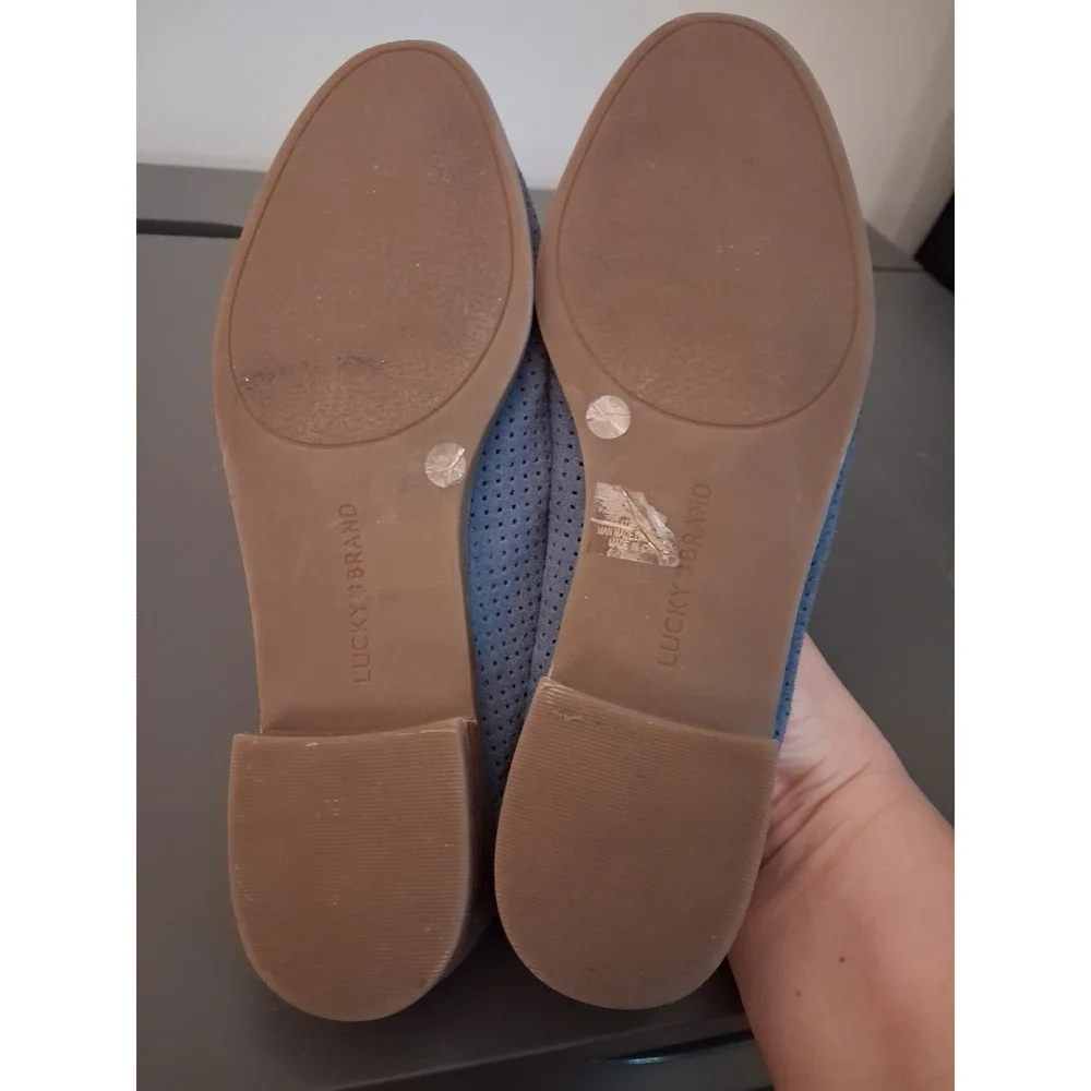 Lucky Brand Blue Suede Perforated Penny Loafers Size 7.5M Low Stacked Heel